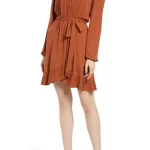 Bp. Long Sleeve Wrap Minidress, Size Medium – Brown